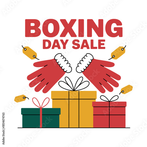 Boxing Day sale graphic with gift boxes and festive gloves.
