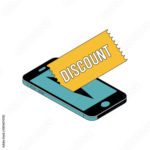 Discount coupon emerging from a smartphone screen for online shopping.