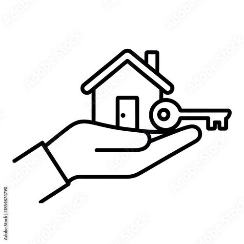 Hand holding a house and key, symbolizing home ownership.