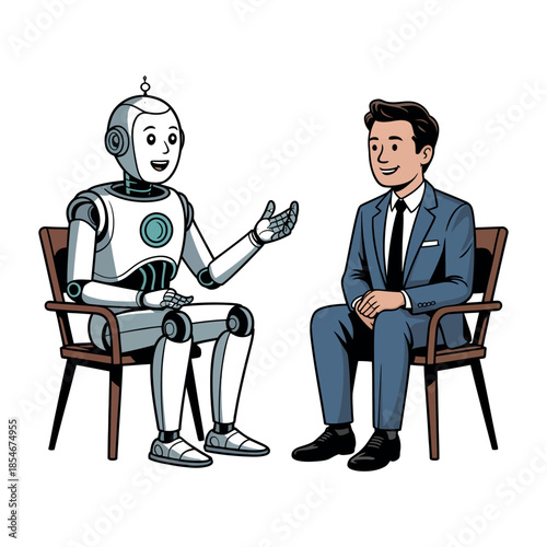 A smiling robot and a businessman sit and talk together in chairs.