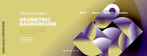 Abstract geometric background design. Yellow, purple hues create modern visual appeal. Navigation menu present, text included.