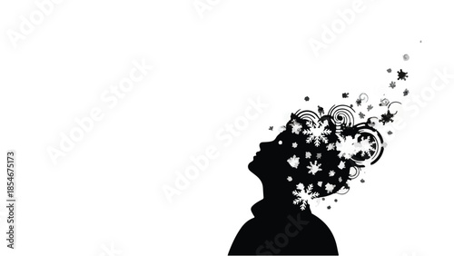 Silhouette of a person's head with floral elements and stars exploding outwards, symbolizing creativity and imagination.