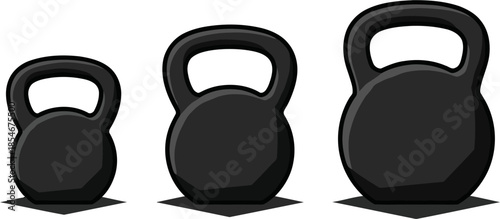 Three black kettlebells set for fitness training vector illustration