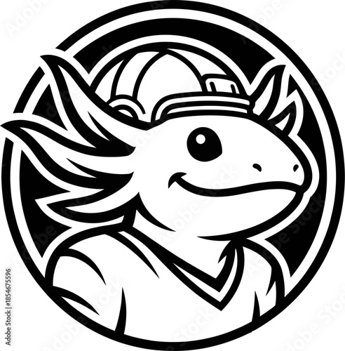 Axolotl construction worker mascot in circular frame vector illustration