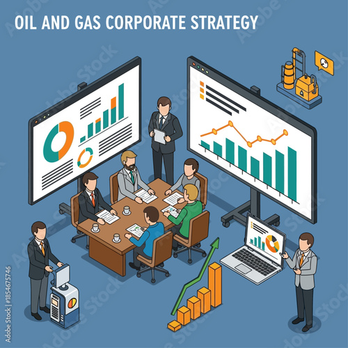Isometric illustration of a corporate strategy meeting in the oil and gas industry with business people analyzing data and charts.