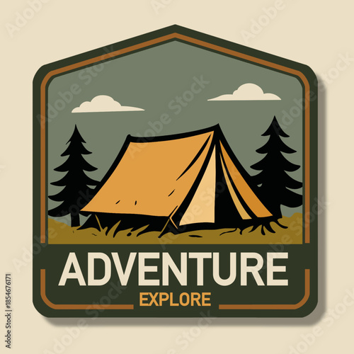 Adventure explore badge illustration with camping tent and forest scenery. Retro style outdoor emblem perfect for travel, exploration, hiking, and adventure-themed designs.