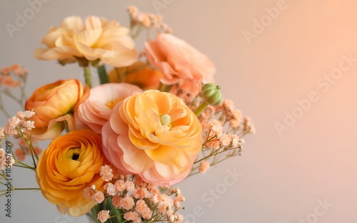 Beautiful bouquet of orange and peach ranunculus flowers