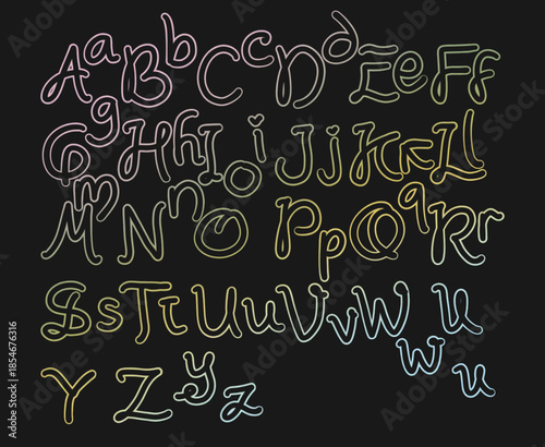 Handwritten alphabet font in neon glowing style on dark background. Creative decorative typography suitable for posters, logos, branding, signage, and modern design projects.