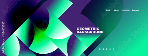 Abstract geometric shapes blend vibrant colors. Turquoise, green, purple gradients create dynamic visual effect. Minimalist header includes navigation options.