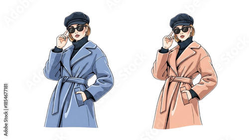 Fashion illustration of two women wearing trench coats and sunglasses standing against a white background