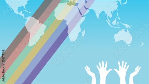 Colorful diagonal stripes sweep across a blue world map background, while white raised hands gesture a welcoming, hopeful message of unity and shared celebration across cultures.