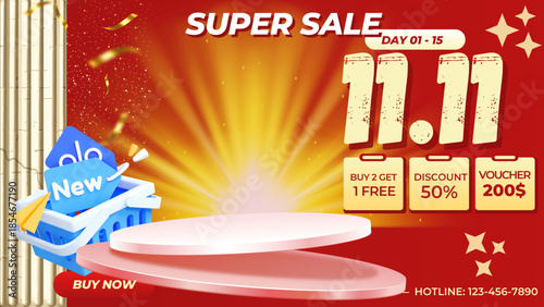 Posters and banners displaying products. Empty product display stands and promotional illustrations. Flash sale, big sale. Beautiful abstract floral arrangements.