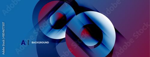 Abstract design features flowing blue shapes, red accents, purple gradient. Modern, dynamic composition suitable background use.