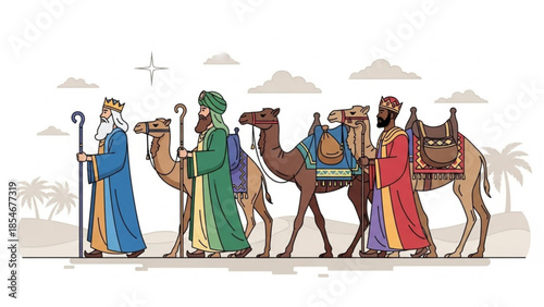 Three Wise Men on camels following a star biblical illustration for Christmas flat design with desert landscape