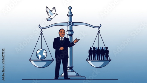 Man in suit balancing scales with globe and people symbolizing global justice and human rights vector illustration