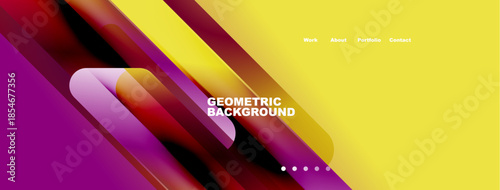 Abstract geometric background. Vibrant yellow, purple gradients create dynamic visual effect. Minimalist design includes text, navigation dots.