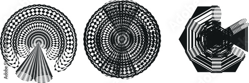 Three black and white crystal formations with concentric circular patterns