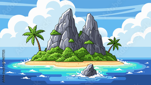 Tropical Island Vector Illustration with Palm Trees and Rocky Outcrops in a Serene Oceanic Environment