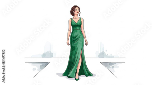 Illustration of a woman wearing a green evening gown standing on a white runway