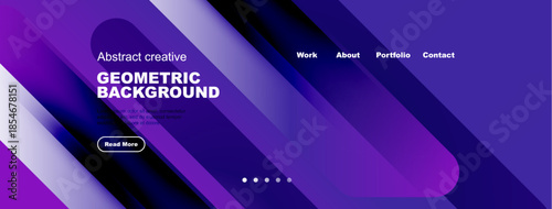 Modern website mockup. Vibrant purple, blue gradients dominate design. Text highlights geometric background, navigation options present.