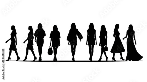 Silhouettes of women walking in a line against a white background