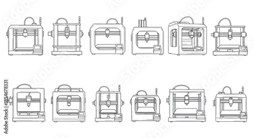 Line drawings of 3d printers in various orientations