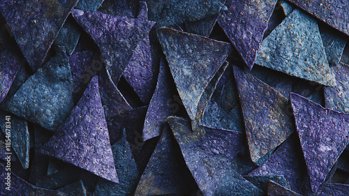 Blue corn tortilla chips flat lay, triangle shape, rustic texture