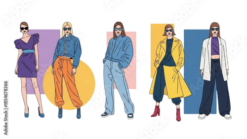 Fashionable individuals standing in a row against colorful backgrounds with diverse clothing and accessories