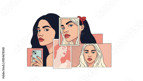 Illustration of women with different hairstyles and makeup holding a smartphone in a modern setting