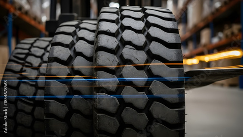 Three stacked tires with a forklift against the background of the warehouse