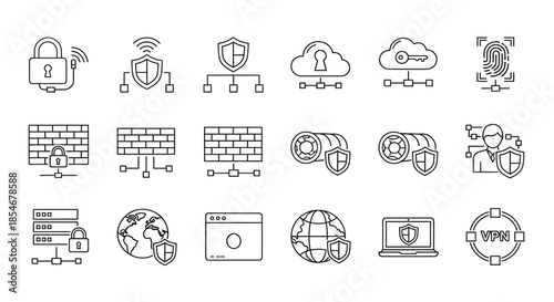 Various cybersecurity icons representing protection and network security