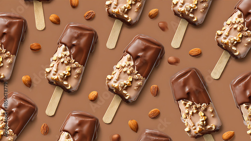 chocolate-dipped ice cream bars with nuts, top view, arranged in seamless