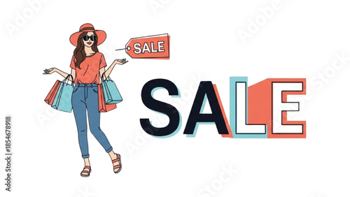 Woman enjoying shopping sale with bags outdoors in casual attire