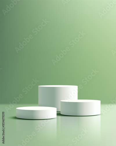 3D Minimalist White Cylindrical Podium Display Stage on Smooth Gradient Green Background for Product Marketing and Exhibition