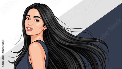 A young woman with long black hair flows in the wind, posing in a sleeveless top, against a divided background