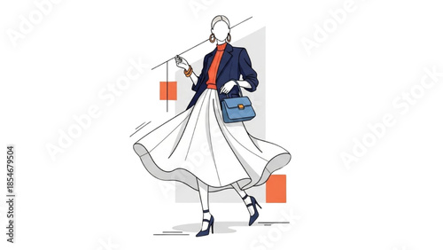 A woman walking with a flowing skirt and carrying a bag in her hand