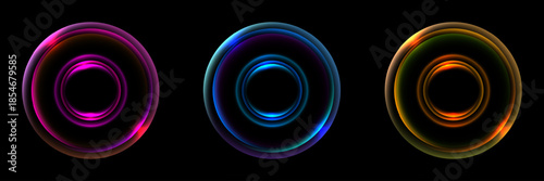 futuristic neon glowing rings in magenta blue and gold colors on black background for digital technology and luxury graphic design projects
