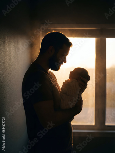 Silhouette of a Loving Father Holding His Newborn Baby at Sunset Window
