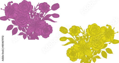 Abstract watercolor background vintage featuring a floral vector illustration of a pink rose blossom with yellow petals and green leaves in a beautiful spring nature design