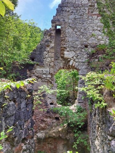 stone wall with holes. Ruins of medieval castle Samobor. Croatia. Europe.