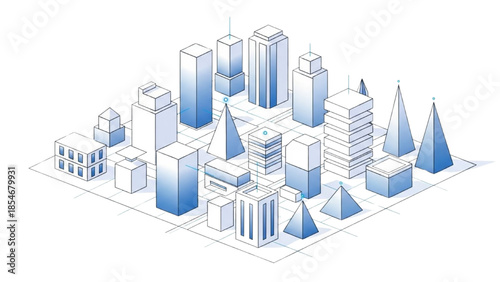 Isometric cityscape illustration featuring modern skyscrapers and geometric shapes viewed from above