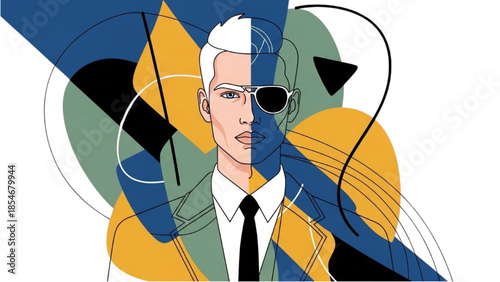 A stylish man with sunglasses stands confidently amidst vibrant abstract shapes