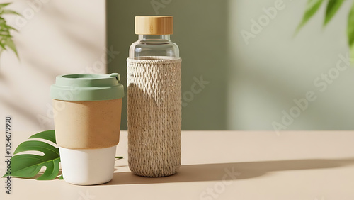 Reusable coffee cup and glass water bottle with natural textures, promoting sustainability and eco-friendly living