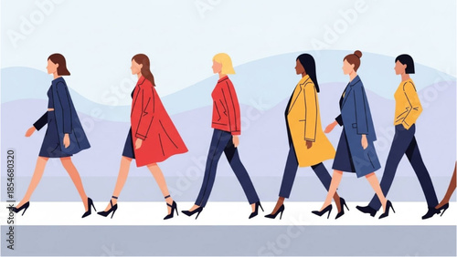 Diverse group of women walking in different attire against a mountainous backdrop