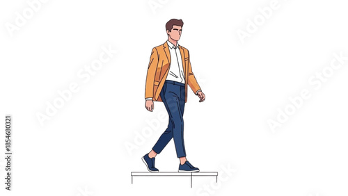 A young man in stylish attire walks across a narrow platform with confidence and poise