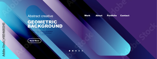 Abstract geometric background. Blue, purple gradients dominate design. Text includes work, about, portfolio, contact. Button reads read more.