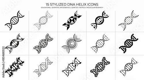 DNA Helix Vector Icons with Stylized Double Strands for Genetics, Molecular Biology, STEM Education, Scientific UI Design, and Classroom Infographics