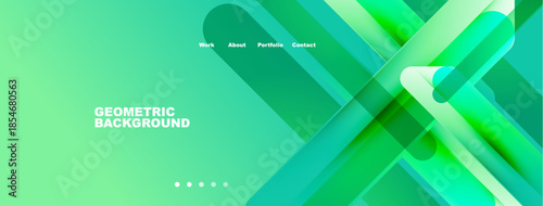 Abstract geometric background. Green hues dominate design. Navigation menu present, text reads work, about, portfolio, contact. Dots indicate sections.