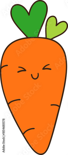 Cute carrot character with smiling face and green leaves, perfect for children designs and vegetable themes