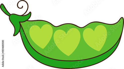 Cute green pea pod with heart shapes, symbolizing love and freshness. Perfect for veggie themed designs